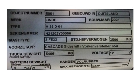 Typeplade Linde gaffeltruck